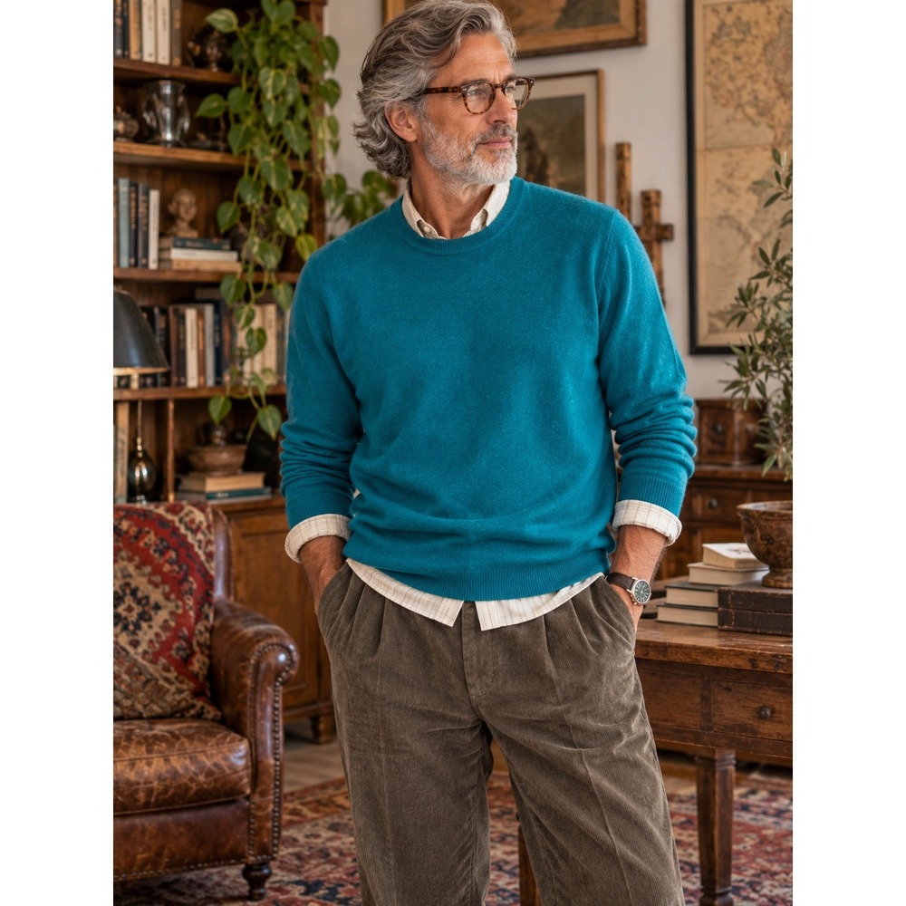The Commons Mens 100% Cashmere Crewneck Sweater Teal Blue L Minimalist Eclectic